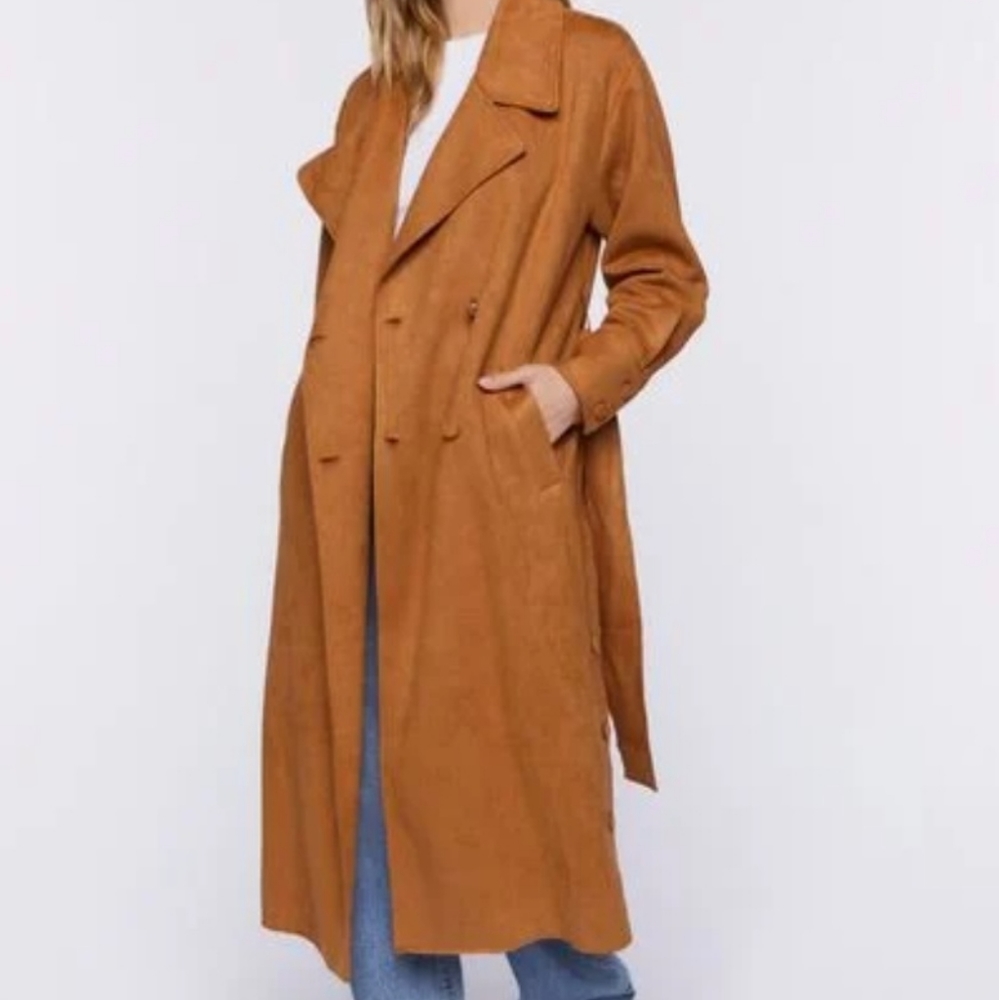 Belted Faux Suede Trench Coat